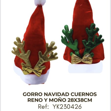 Gorro de Navidad Cuernos Reno y Moño 28x38cm x 2 unidades