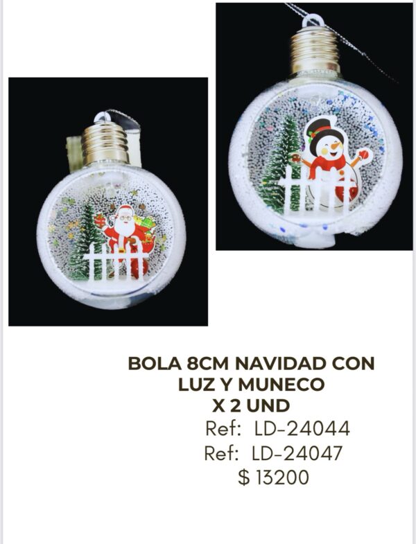 Bola 8cm Navidad con Luz y Muñeco x 2 unidades